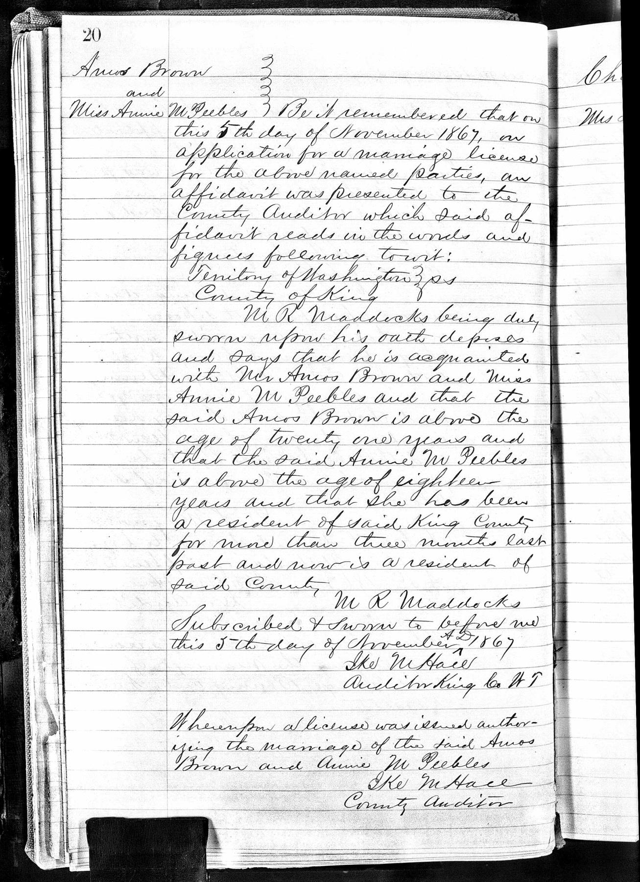 Image of Marriage certificate of Amos Brown and Annie Peebles, November 5, 1867